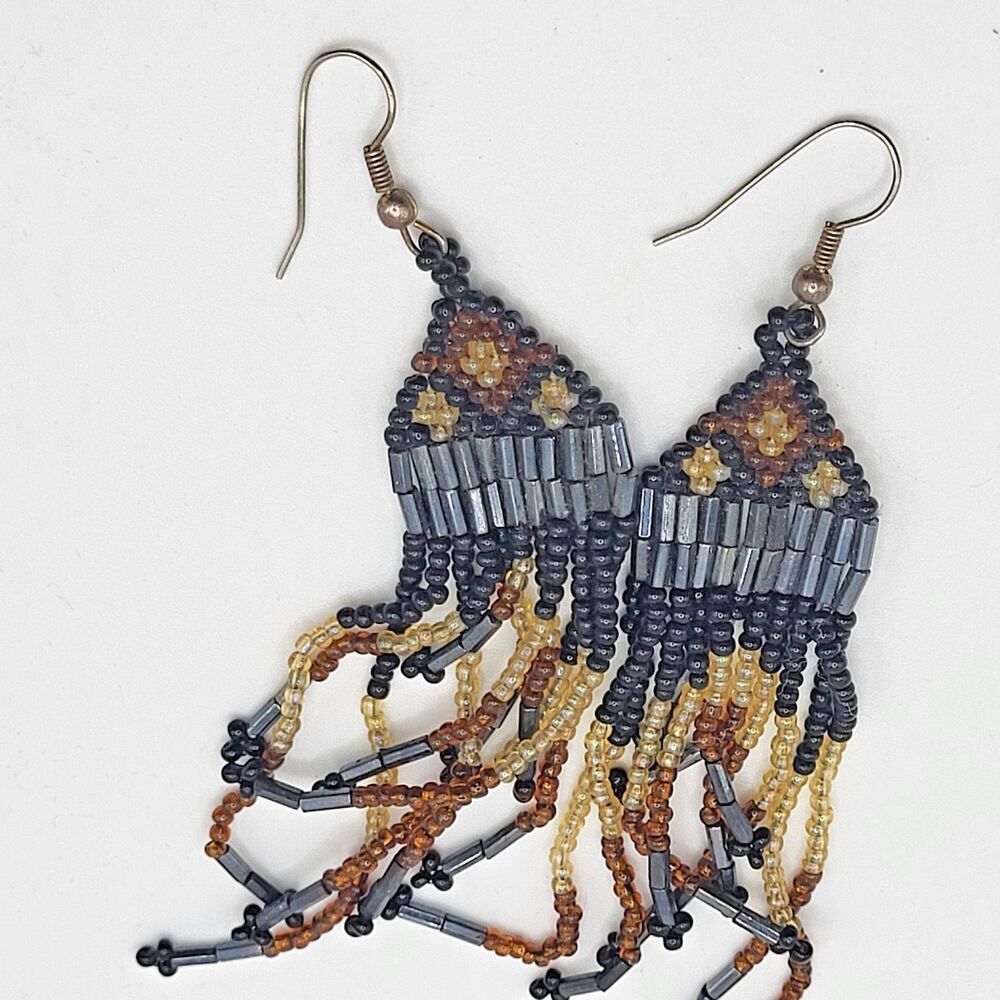 Brown Black Hematite Fringed Earrings 4in